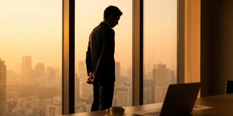 Man silhouetted against warm amber sunrise in contemplative pose — powerful motivational quotes