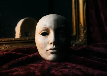 White theatrical mask in dramatic lighting — psychopath test personality assessment