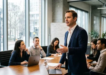 Confident leader addressing team in modern conference room