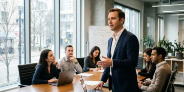 Confident leader addressing team in modern conference room