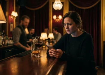 Woman at dimly lit bar contemplating relationship red flags