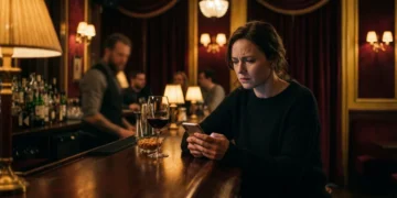 Woman at dimly lit bar contemplating relationship red flags