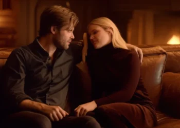 Couple sitting together on couch in warm amber light - relationship compatibility quiz