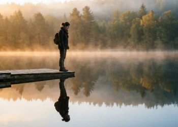Person reflecting by a calm lake at dawn — self-esteem quiz