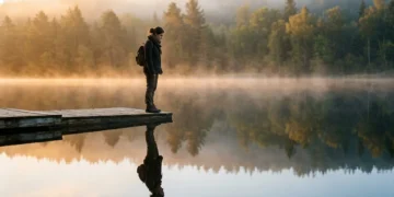Person reflecting by a calm lake at dawn — self-esteem quiz