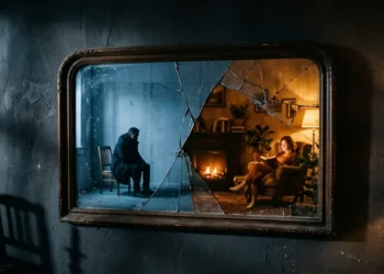 Cracked mirror reflecting dual rooms — sociopath test personality assessment