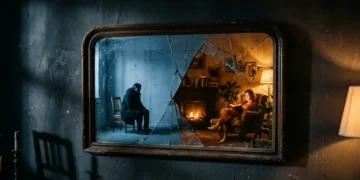 Cracked mirror reflecting dual rooms — sociopath test personality assessment
