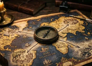 Brass compass on old world map — values quiz core life direction