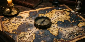 Brass compass on old world map — values quiz core life direction