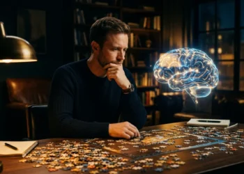 Man in deep contemplation at desk with warm amber lighting — intelligence quiz