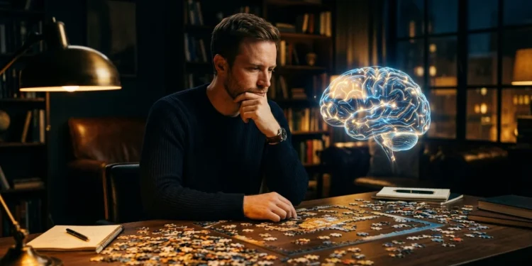 Man in deep contemplation at desk with warm amber lighting — intelligence quiz