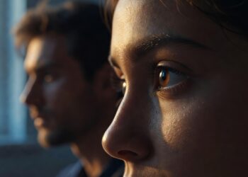 Close-up of perceptive eye in warm light with blurred figure in background, illustrating the psychology of reading people