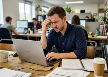 Man frustrated at laptop struggling with procrastination at work