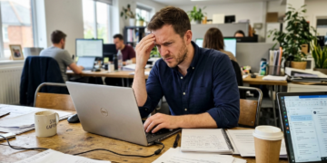 Man frustrated at laptop struggling with procrastination at work