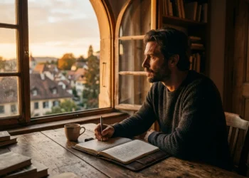Man sitting at wooden desk looking out window with determination — motivational quotes about success