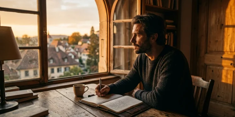 Man sitting at wooden desk looking out window with determination — motivational quotes about success