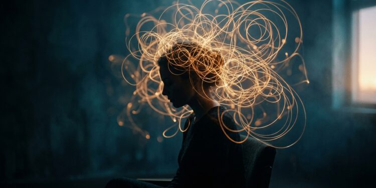 Profile silhouette with glowing amber recursive light loops emerging from the head, representing the mental loops of overthinking