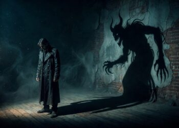 Lone figure in pool of warm light with elongated shadow on the wall, symbolizing the disowned self in Carl Jung shadow work