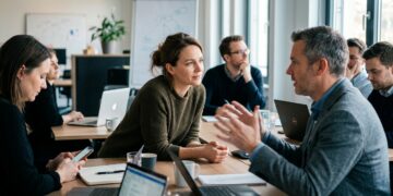 A calm attentive listener anchoring a meeting room, leaning slightly forward fully present