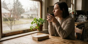 Person sitting alone at a kitchen table holding a mug of coffee, looking thoughtfully out a rain-streaked window in soft afternoon light