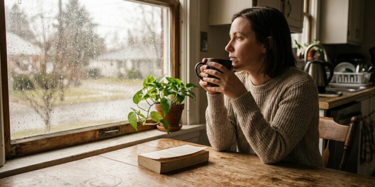 Person sitting alone at a kitchen table holding a mug of coffee, looking thoughtfully out a rain-streaked window in soft afternoon light