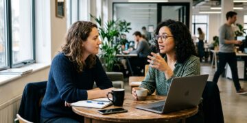 Two people in a focused, candid one-on-one conversation reading each others emotional cues