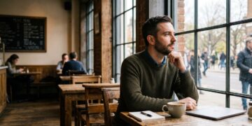 Thoughtful man pausing by a cafe window, reflecting before responding