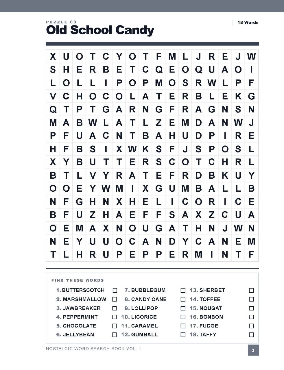 Look inside the Nostalgic Word Search — Old School Candy puzzle