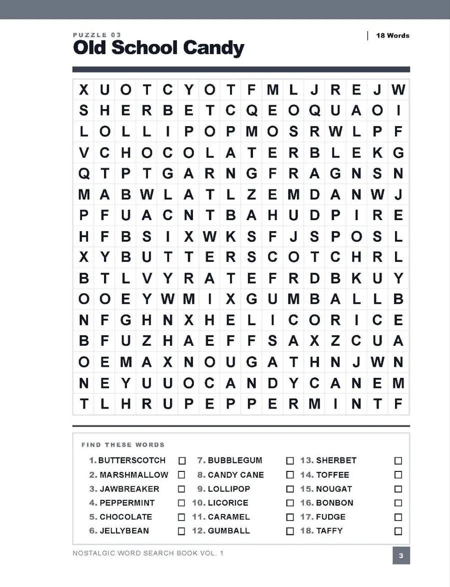 Look inside the Nostalgic Word Search — Old School Candy puzzle