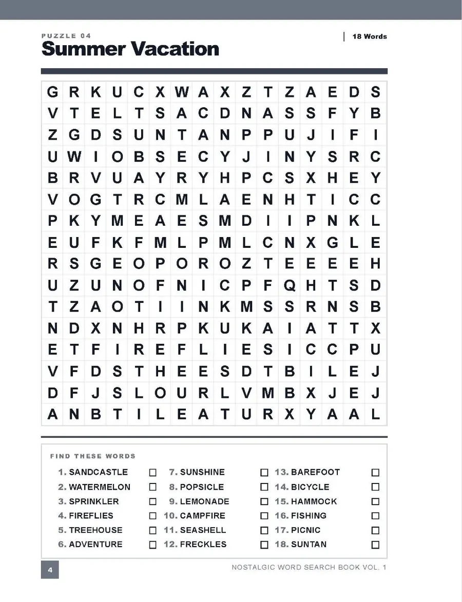 Look inside the Nostalgic Word Search — Summer Vacation puzzle