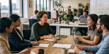 A team leader listening attentively during a small team meeting in a modern office