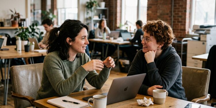 Two coworkers having an attentive, emotionally engaged conversation at a desk in a modern office