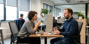 Two coworkers having a calm one-on-one conversation resolving a disagreement in an office