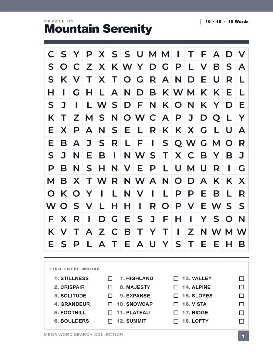 Mountain Serenity large print word search puzzle page
