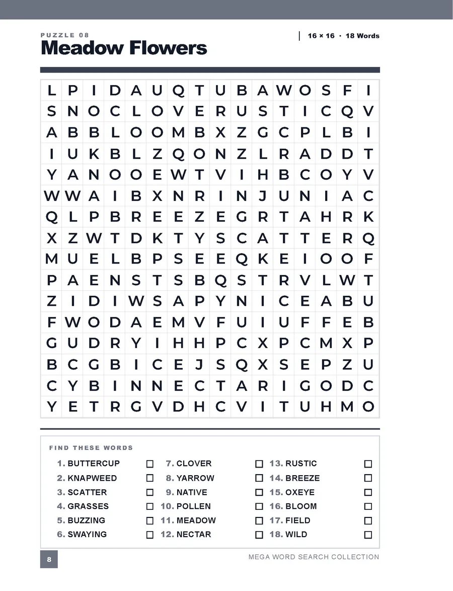 Meadow Flowers large print word search puzzle page