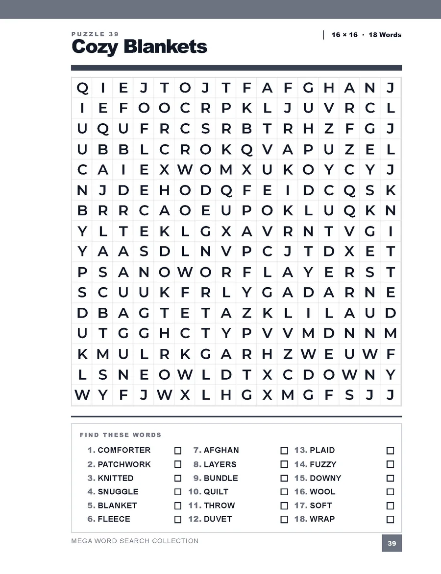 Cozy Blankets large print word search puzzle page