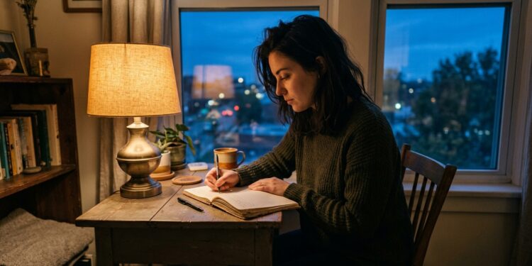A person writing by hand in a notebook at a desk in the evening, contemplating a difficult truth
