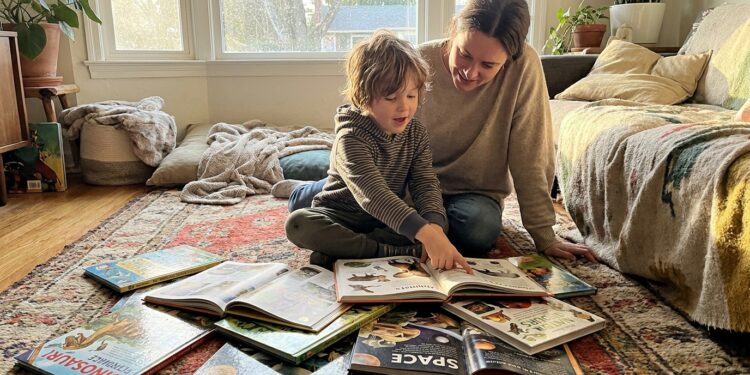 A child and parent reading a stack of colorful fun-fact books together on a living room rug