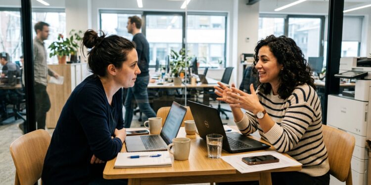 Two colleagues in a meeting, one noticing a subtle shift in the other person body language mid-conversation