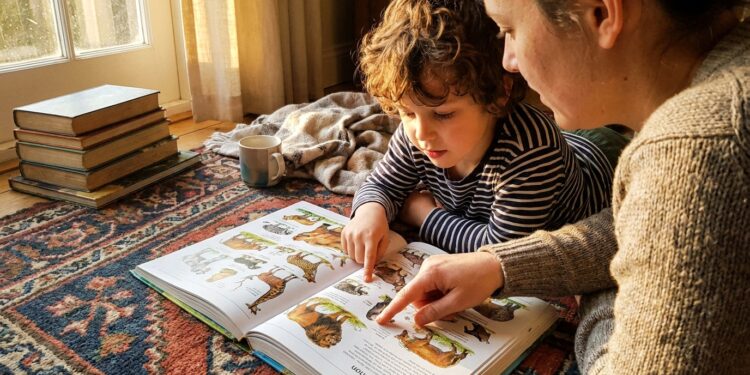 A parent and child reading an illustrated nonfiction book together on a living room rug