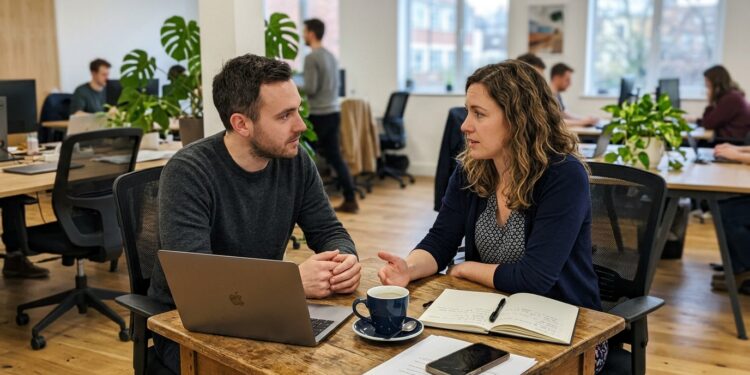 Two colleagues having a direct, honest conversation at a desk