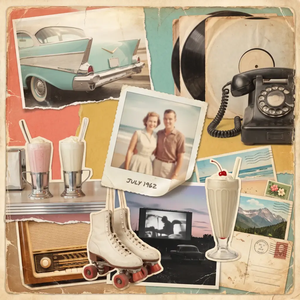 A collage of 1950s and 1960s keepsakes: a classic car, diner milkshakes, vinyl records, a rotary telephone, roller skates, a drive-in screen and old postcards