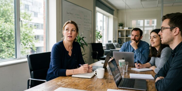 A person pausing thoughtfully before speaking during a small conference room meeting, colleagues listening