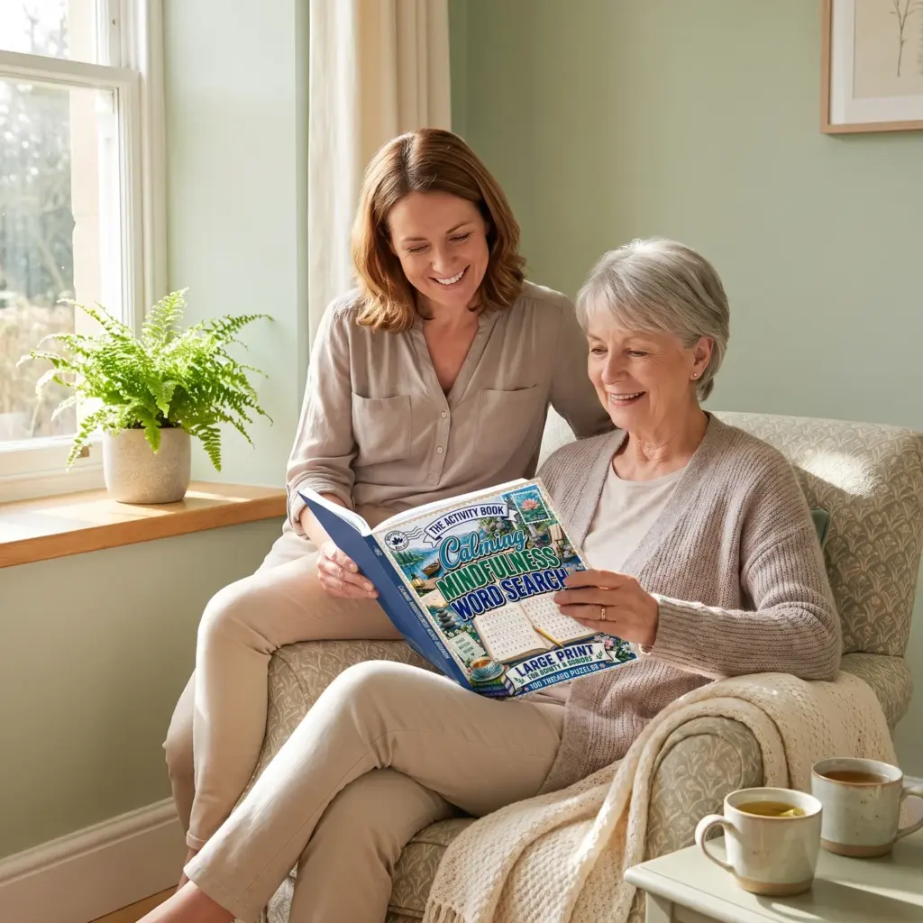 A woman in her sixties sitting alone in an armchair by a window, a large-print word search open on her lap, unhurried