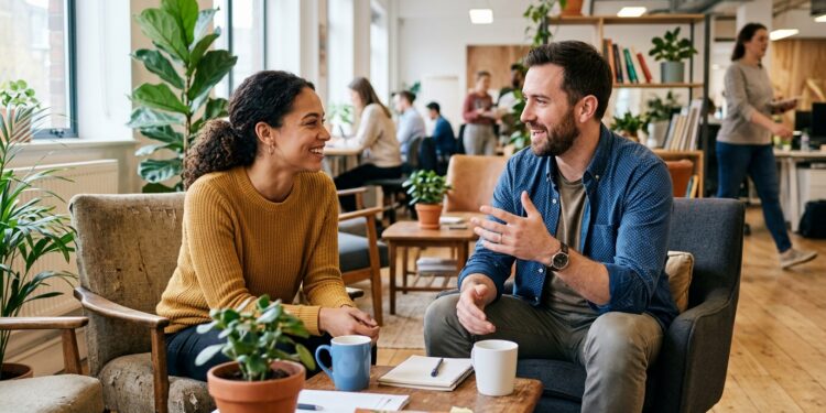 Two people having a warm, genuine conversation in a bright modern office
