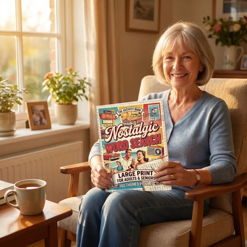 A woman in her sixties sitting in a sunlit armchair holding the closed Nostalgic Word Search Volume 1, a mug of tea on the side table beside her
