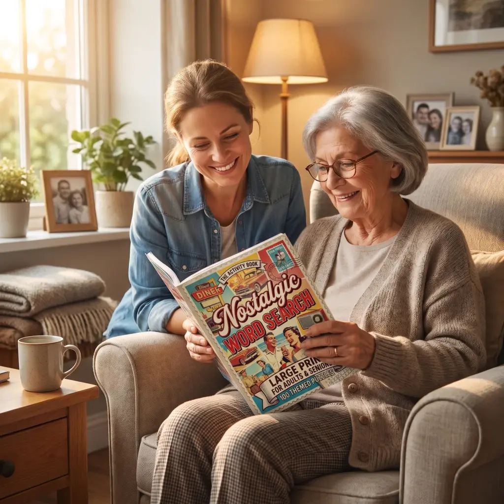 An older woman and her adult daughter smiling together in a sunlit living room, holding a copy of the Nostalgic Word Search book