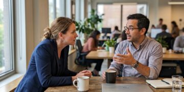 Two colleagues in a candid, focused conversation in a bright modern office
