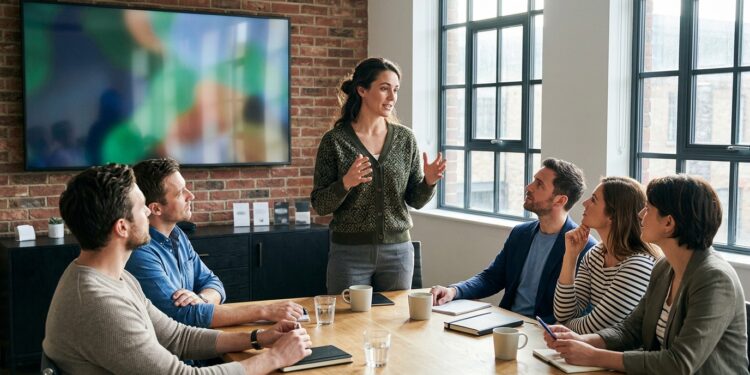 A woman leading a presentation to colleagues in a conference room, speaking directly to the room instead of reading from the screen