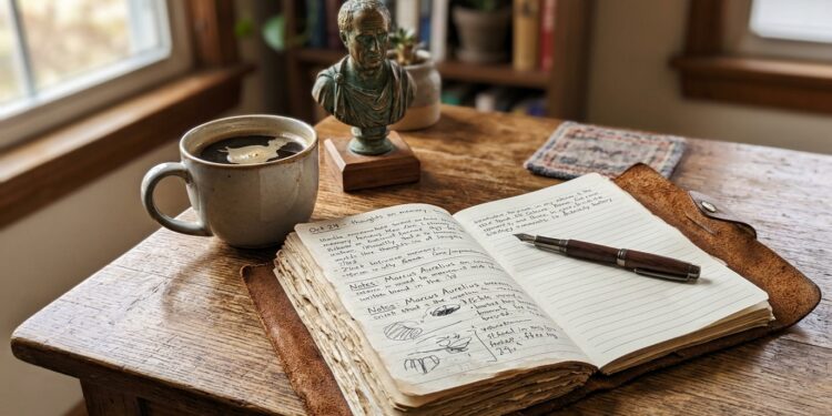 Open leather journal beside a coffee cup and a small bronze bust of Marcus Aurelius on a wooden desk
